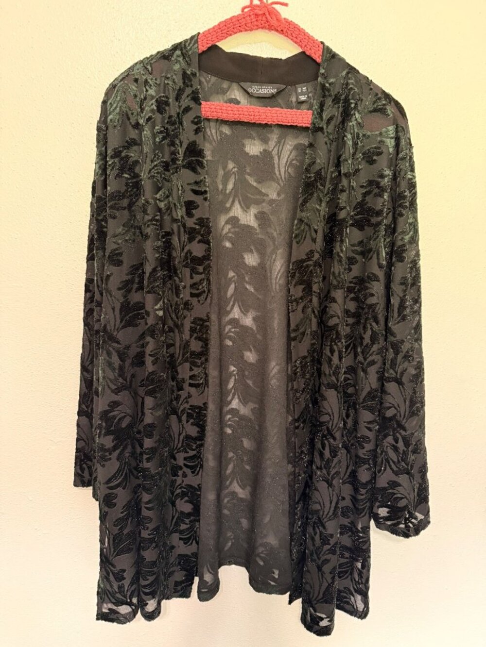Susan Graver Kimono Cardigan Sheer Velvet Cutout Green Womans 3X